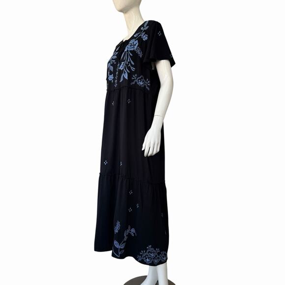 Johnny Was Lyra Tiered Black Cotton Blue Floral Embroidered Dress XL - Picture 4 of 6